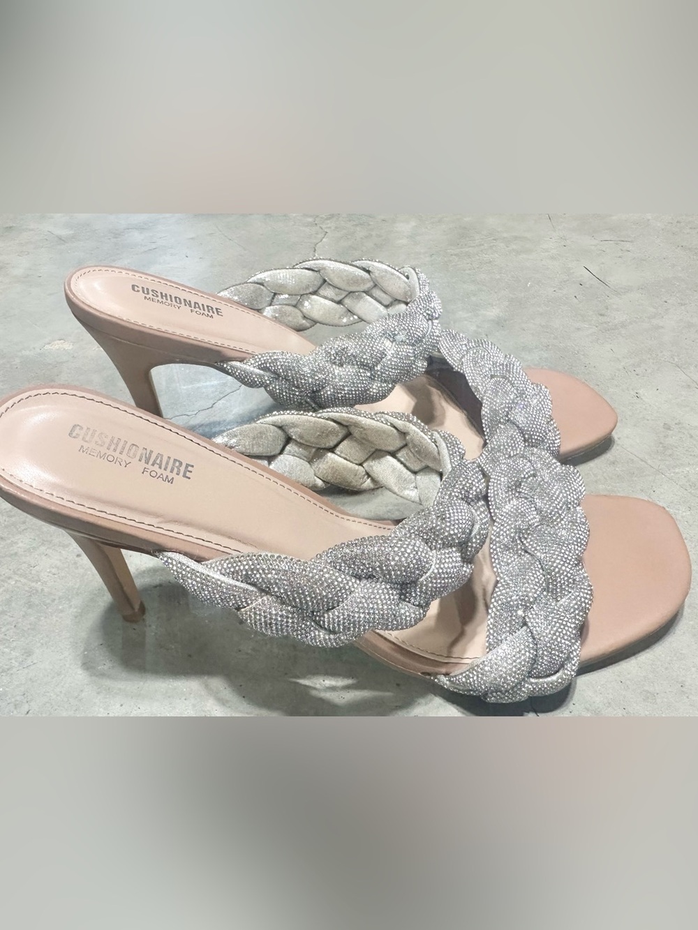 Cushionaire Silver rhinestone Braided Heel Mules- 10M
